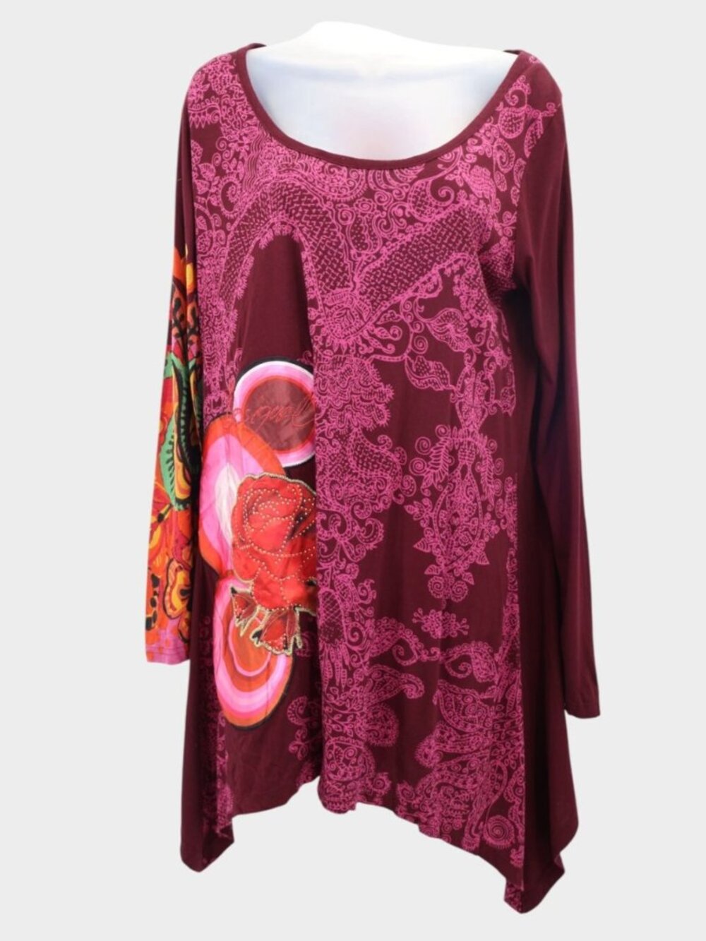 Desigual Red Floral Viscose Long Sleeve Top Tunic Shirt Size XXL 2XL